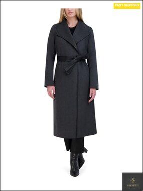Longline Wool Blend Wrap Coat with Belt